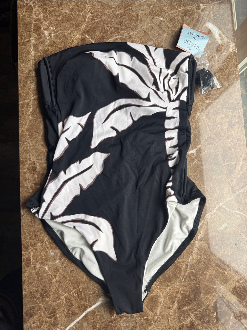 Shade & Shore Black One-Piece Swimsuit with White Leaf Accents